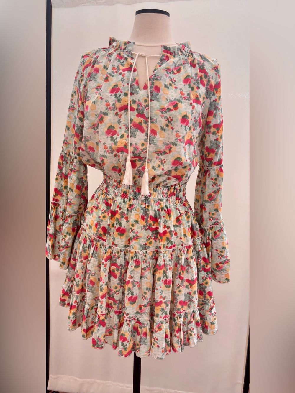 Fanco Women’s Large Floral Mini Dress Tiered Smoked Fairy Flowy Boho Cottage